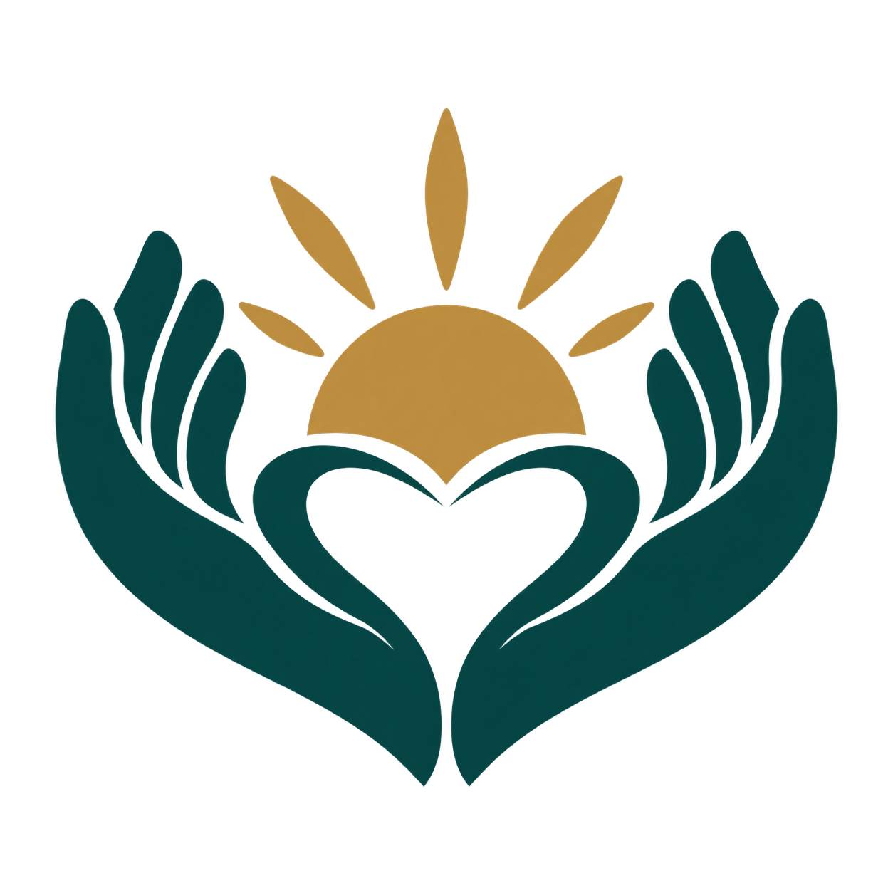 Teal hands form a heart beneath a golden rising sun — Patriotic Doctors UK Foundation