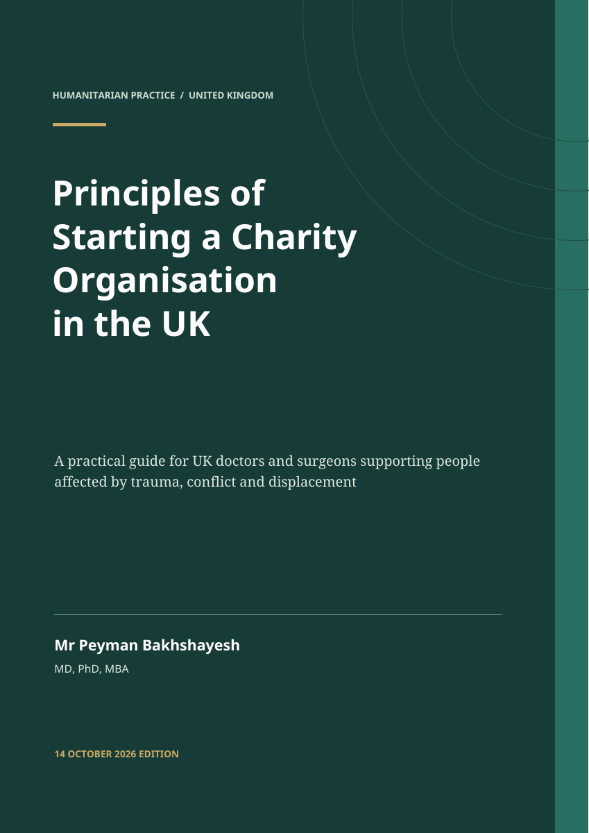 Book cover: Principles of Starting a Charity Organisation in the UK by Mr Peyman Bakhshayesh, MD, PhD, MBA, 14 October 2026 edition